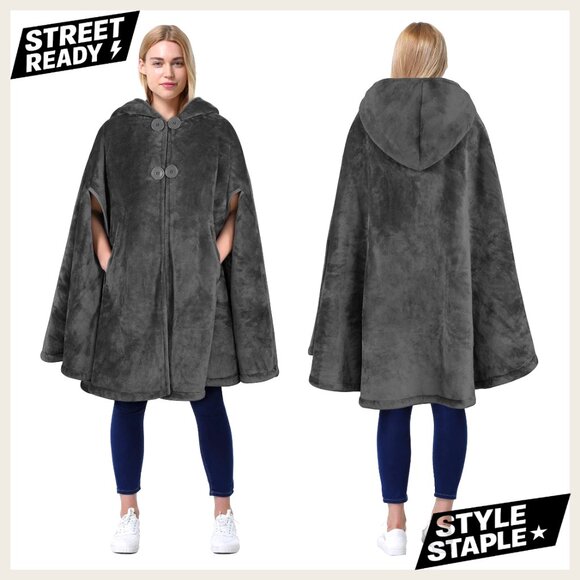 Oversized Sherpa Fleece Hooded Poncho Cape Wearable Blanket One Size